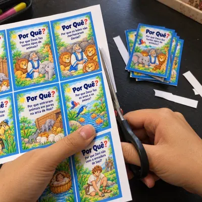 Mãos recortando os cards bíblicos