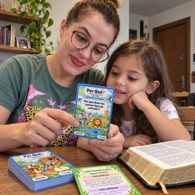 Mãe e criança usando os cards bíblicos juntas